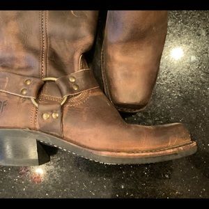 FRYE harness distressed leather brown square toe boot